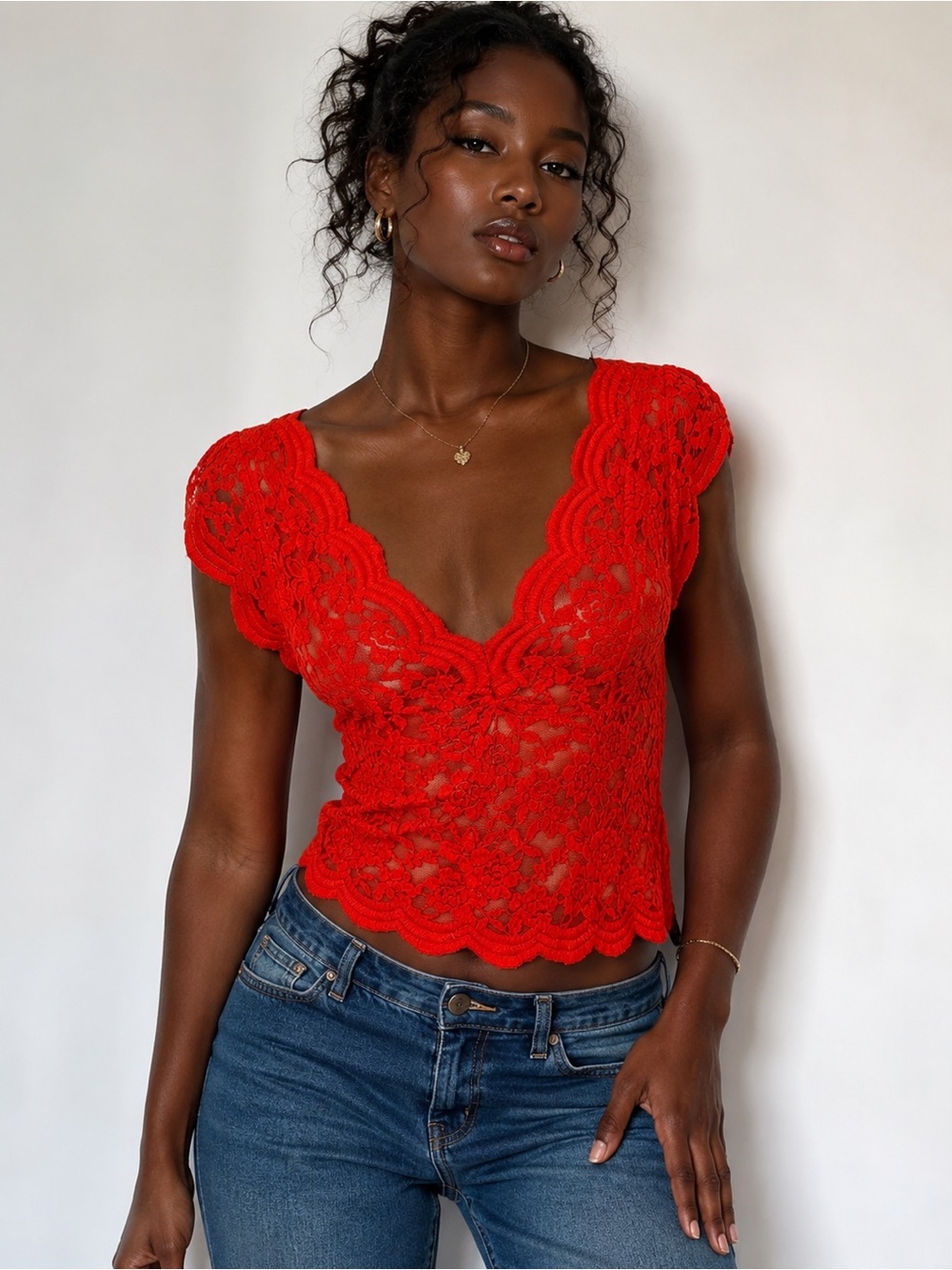 Zara Red Floral Lace Sheer Top Scalloped Stretch Blouse L